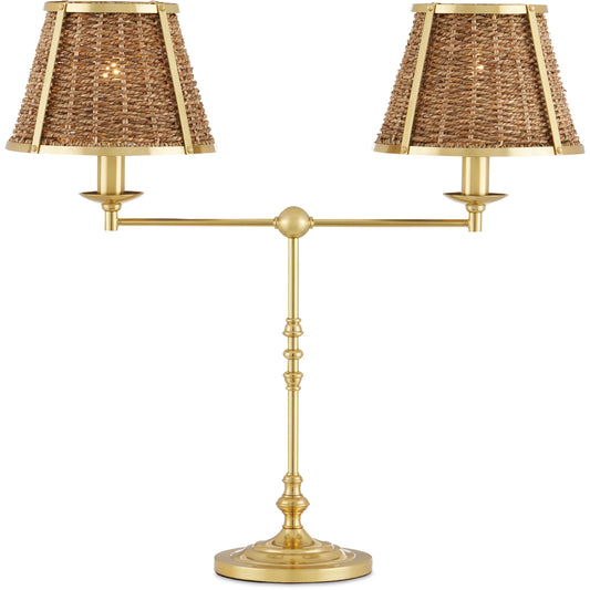 Deauville Desk Lamp by Currey and Company in polished brass, natural. Made from metal, seagrass in a cottage & farmhouse style.
