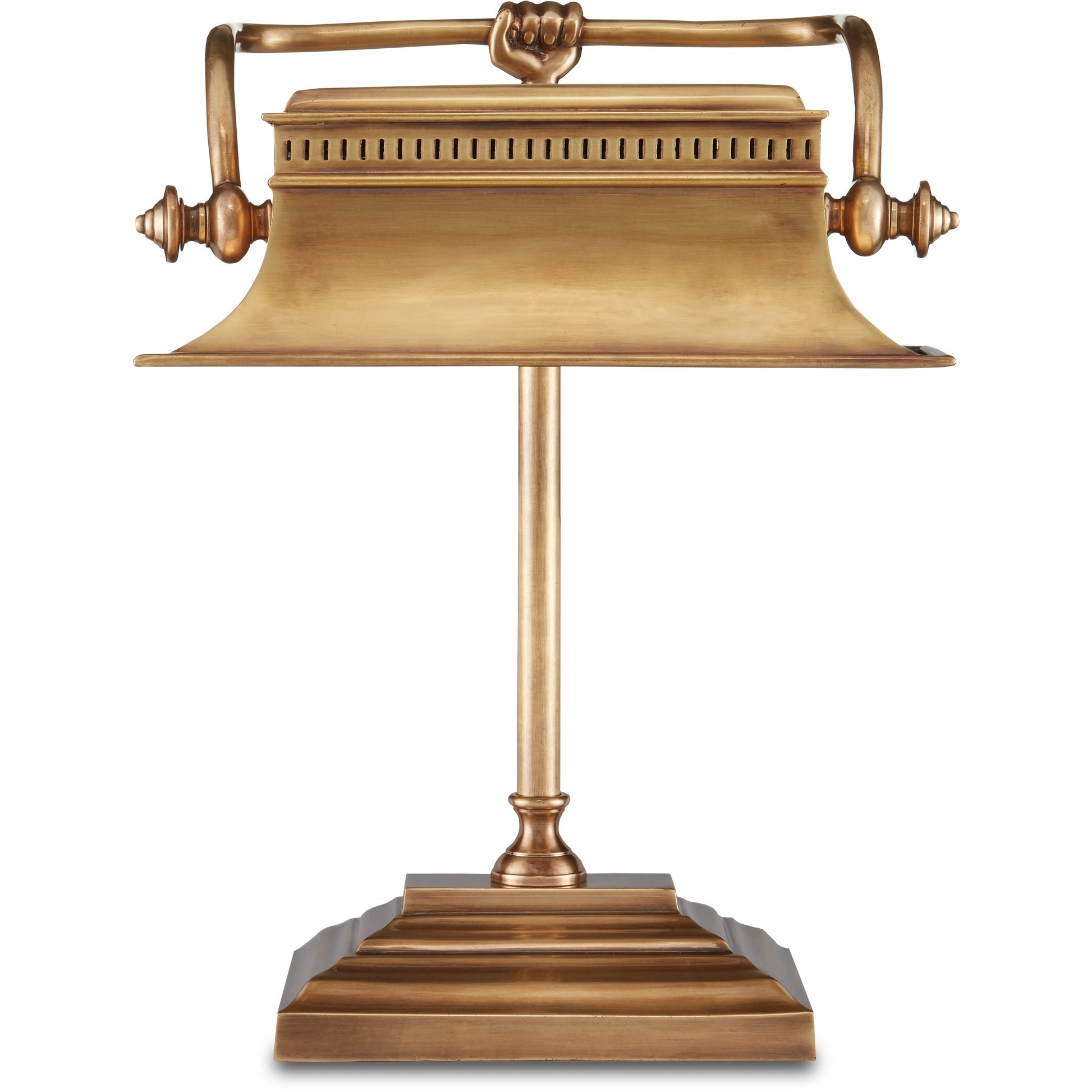 Malvasia Desk Lamp by Currey and Company in vintage brass. Made from brass in a traditional style.