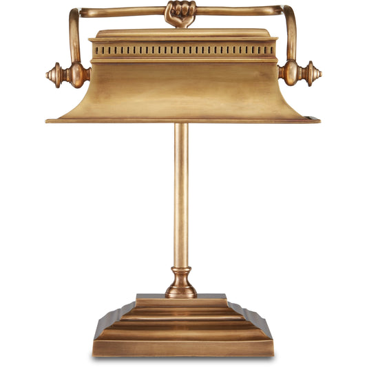 Malvasia Desk Lamp by Currey and Company in vintage brass. Made from brass in a traditional style.