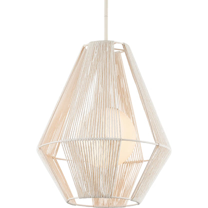Fraxel Pendant by Currey and Company in white, frosted white, vanilla. Made from kraft paper twine, glass, wrought iron in a unique style.