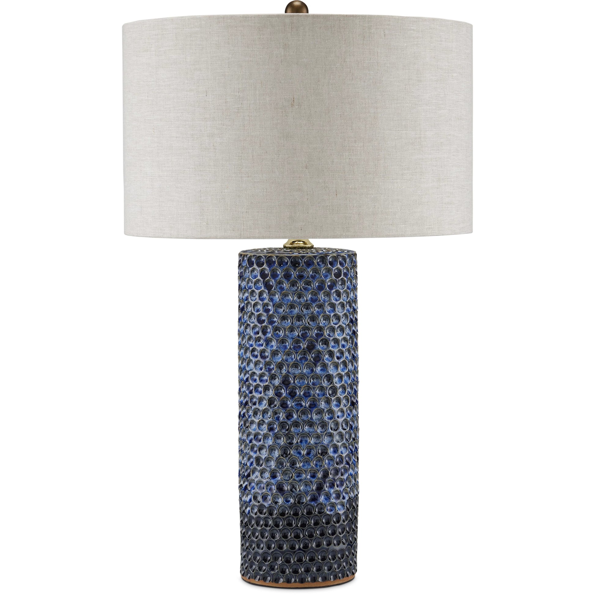 Polka Dot Table Lamp by Currey and Company in reactive blue, polished brass. Made from ceramic in a modern style.