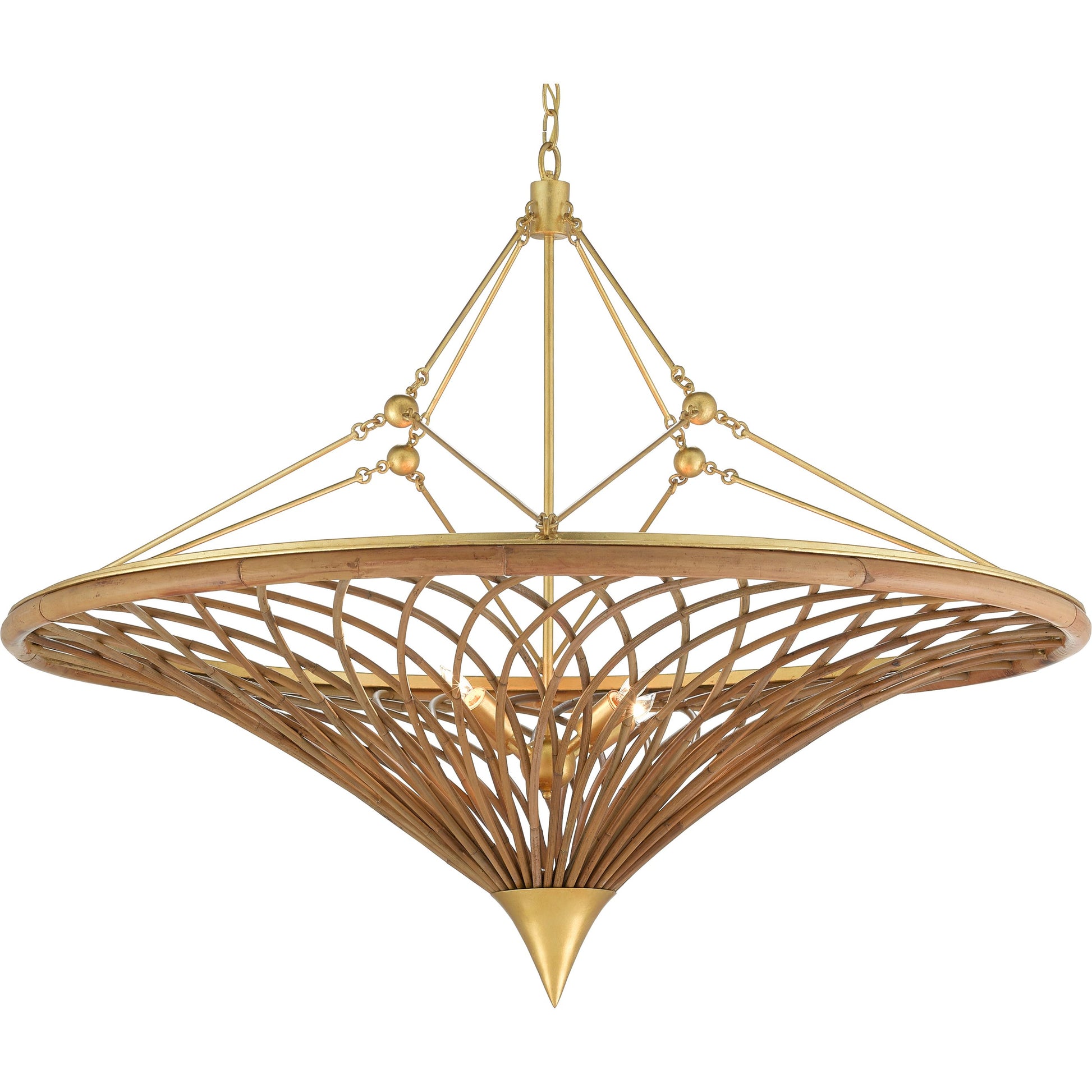 Gaborone Chandelier by Currey and Company in natural, contemporary gold leaf. Made from rattan, wrought iron in a modern style.