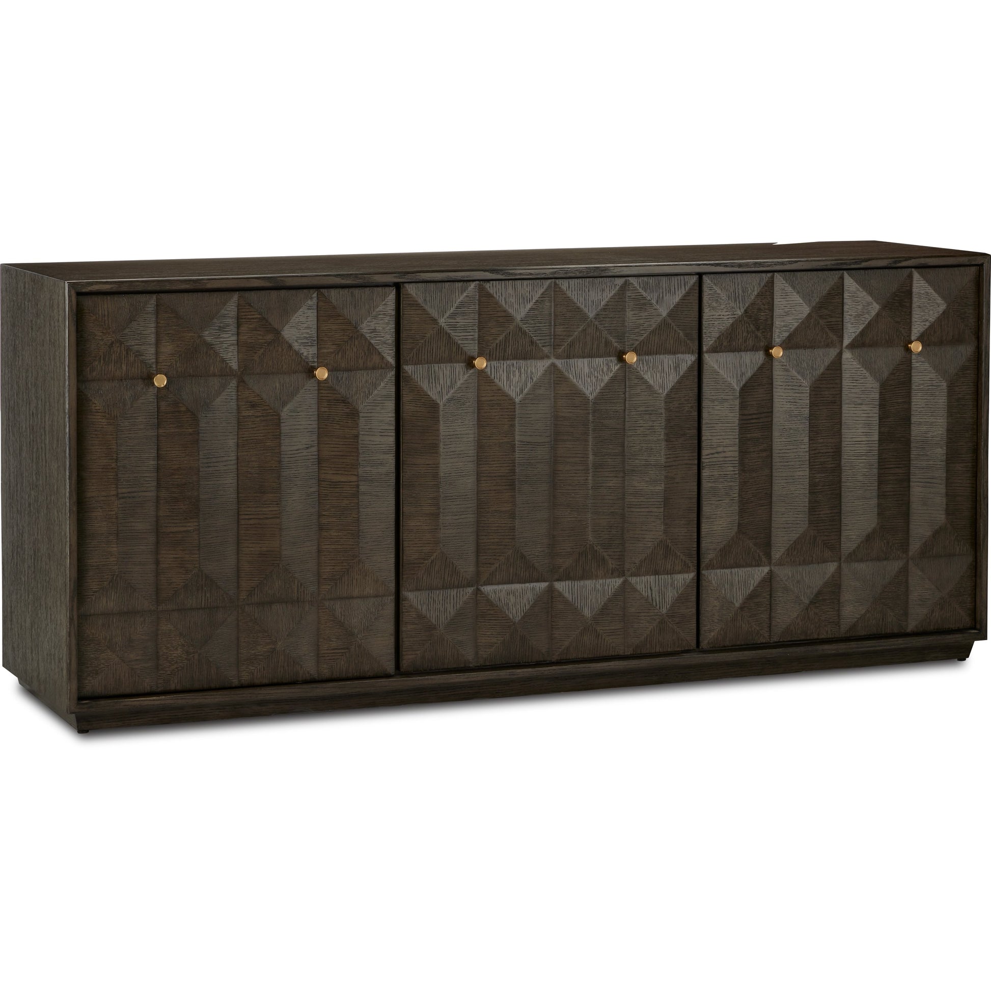 Kendall Credenza by Currey and Company in dove gray, polished brass. Made from oak solids, veneers, brass in a transitional style.