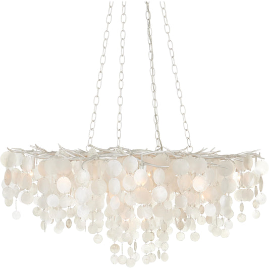 Lusso Chandelier by Currey and Company in natural, pearlized white. Made from capiz shell, wrought iron in a unique style.