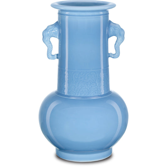 Sky Elephant Handles Vase by Currey and Company in lake blue. Made from porcelain in a modern style.