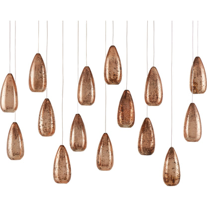Rame Rectangular 15-LIGHT Multi-Drop Pendant by Currey and Company in copper, silver. Made from antique copper, glass in a transitional style.