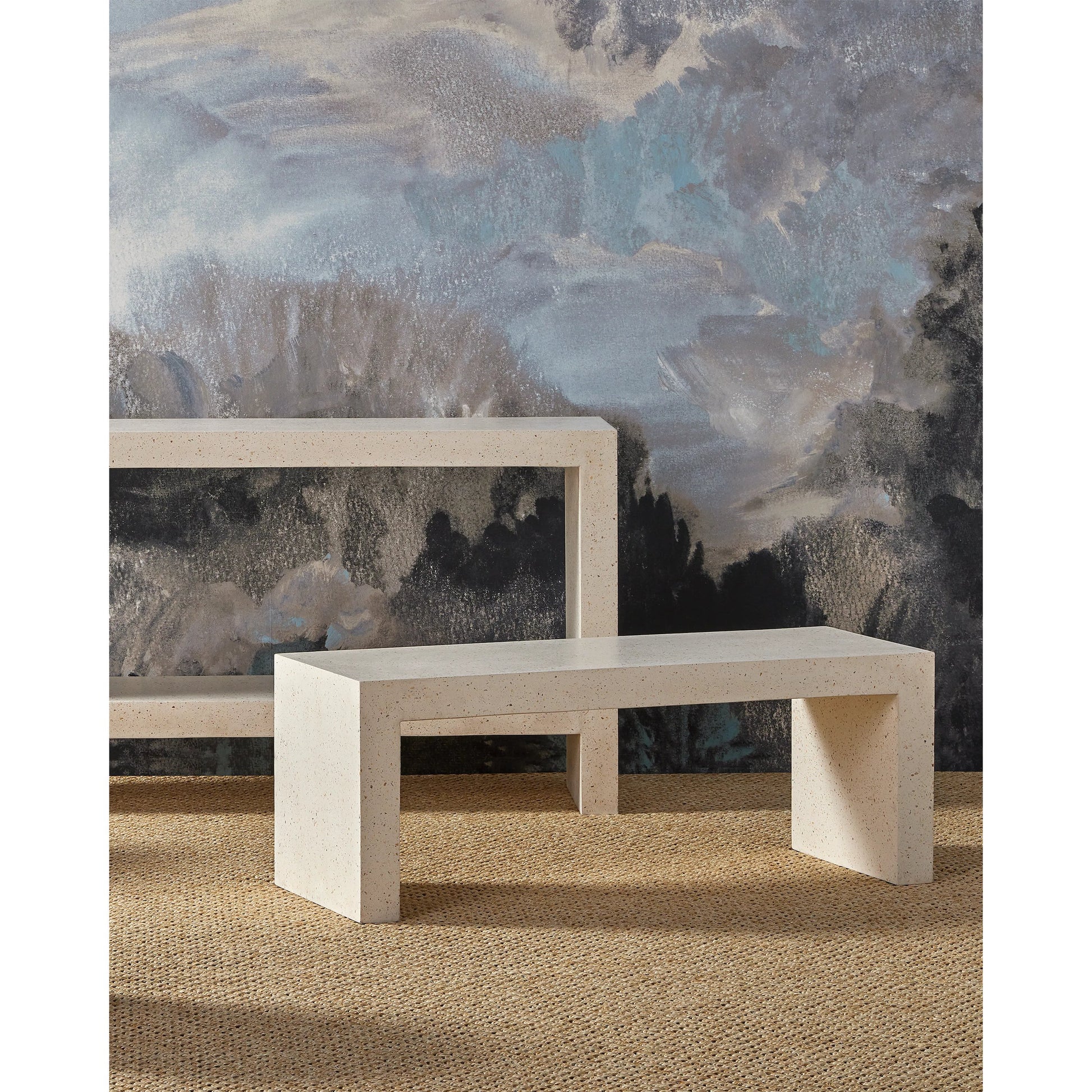Carson Bench by Currey and Company in ivory terrazzo. Made from concrete, stone, shell in a modern style.