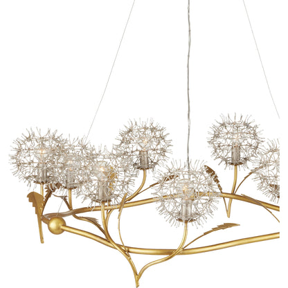 Dandelion Chandelier by Currey and Company in contemporary silver leaf, contemporary gold leaf. Made from wrought iron in a modern style.