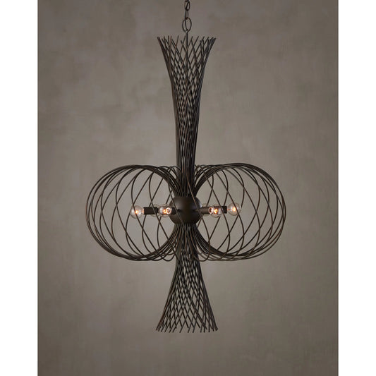 Akio Chandelier by Currey and Company in bronze gold. Made from wrought iron in a modern style.
