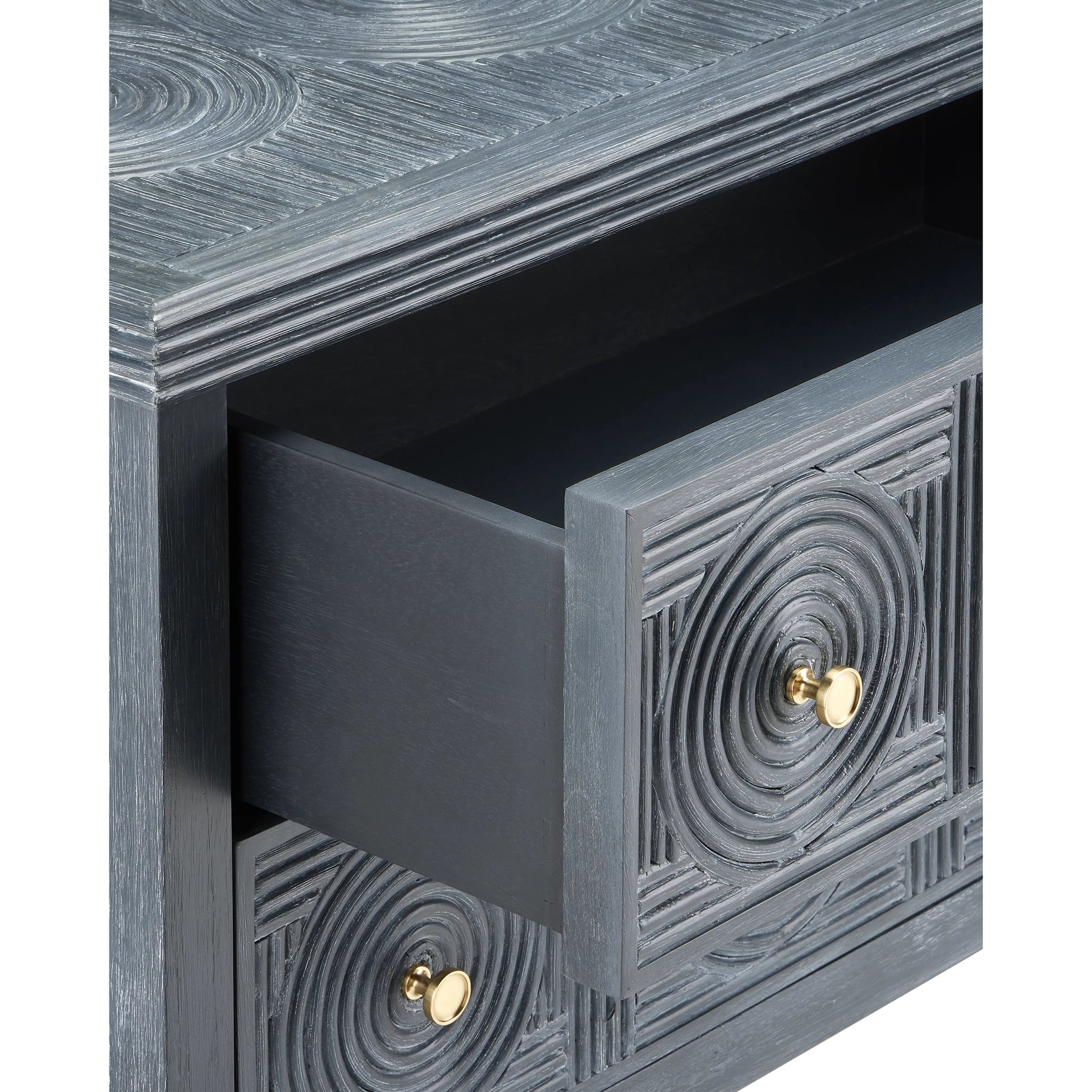 Santos 2-Drawer Chest by Currey and Company. Made from mahogany, rattan, brass, glass in a transitional style.