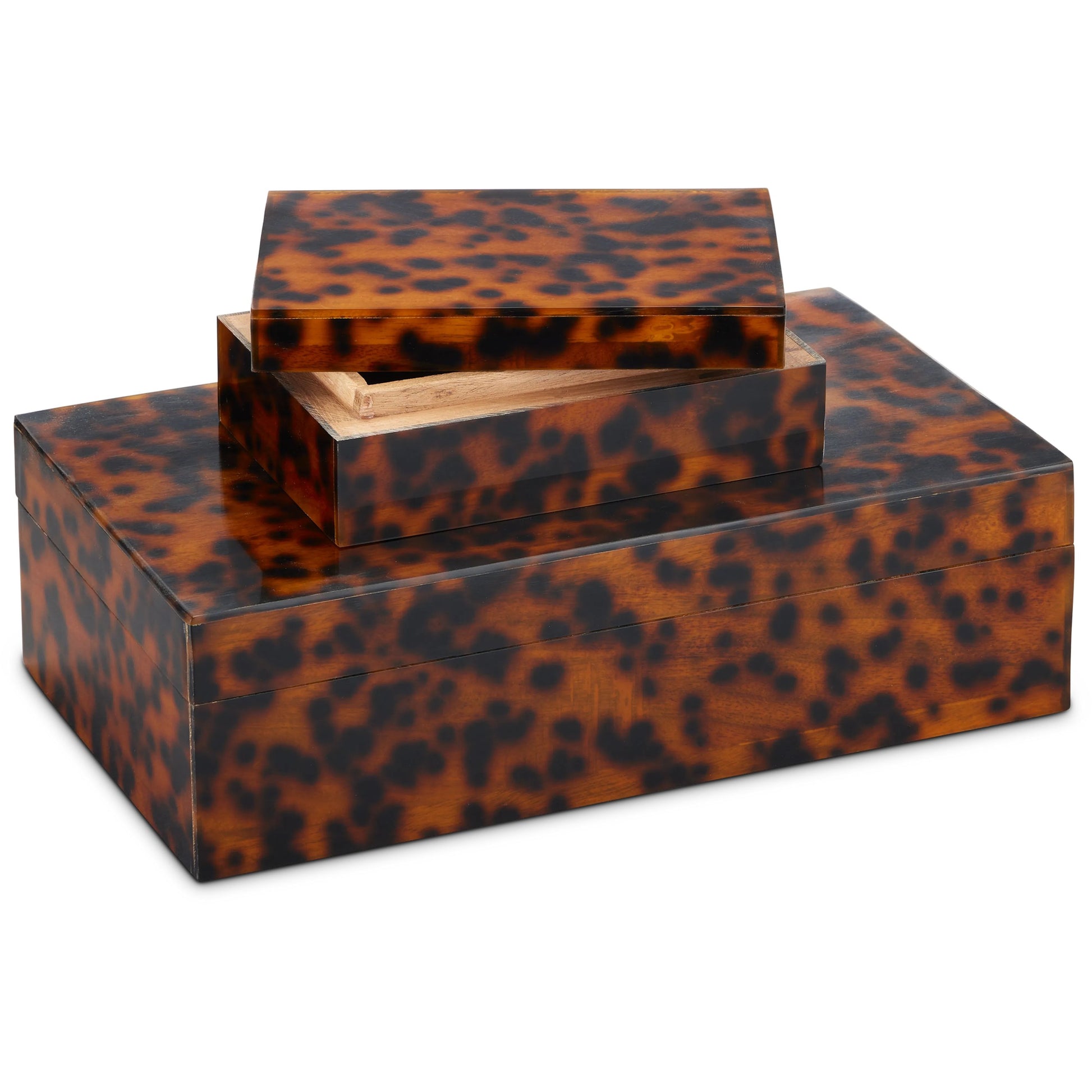 Faux Tortoise Box Set by Currey and Company in brown, black. Made from acrylic, wood in a modern style.