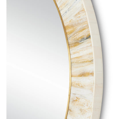 Niva Round Wall Mirror by Currey and Company in cream, brass, mirror. Made from composite, brass, glass, engineered hardwood in a modern style.