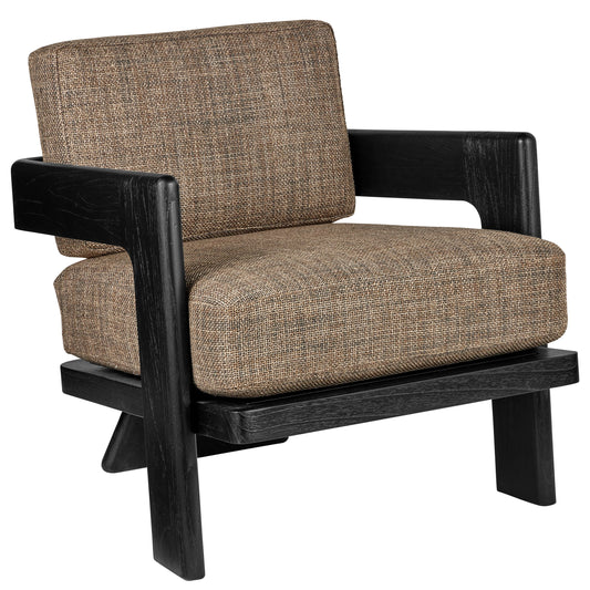Theo Lounge Chair by Currey and Company in caviar black. Made from solid mindi wood, rig otter in a transitional style.