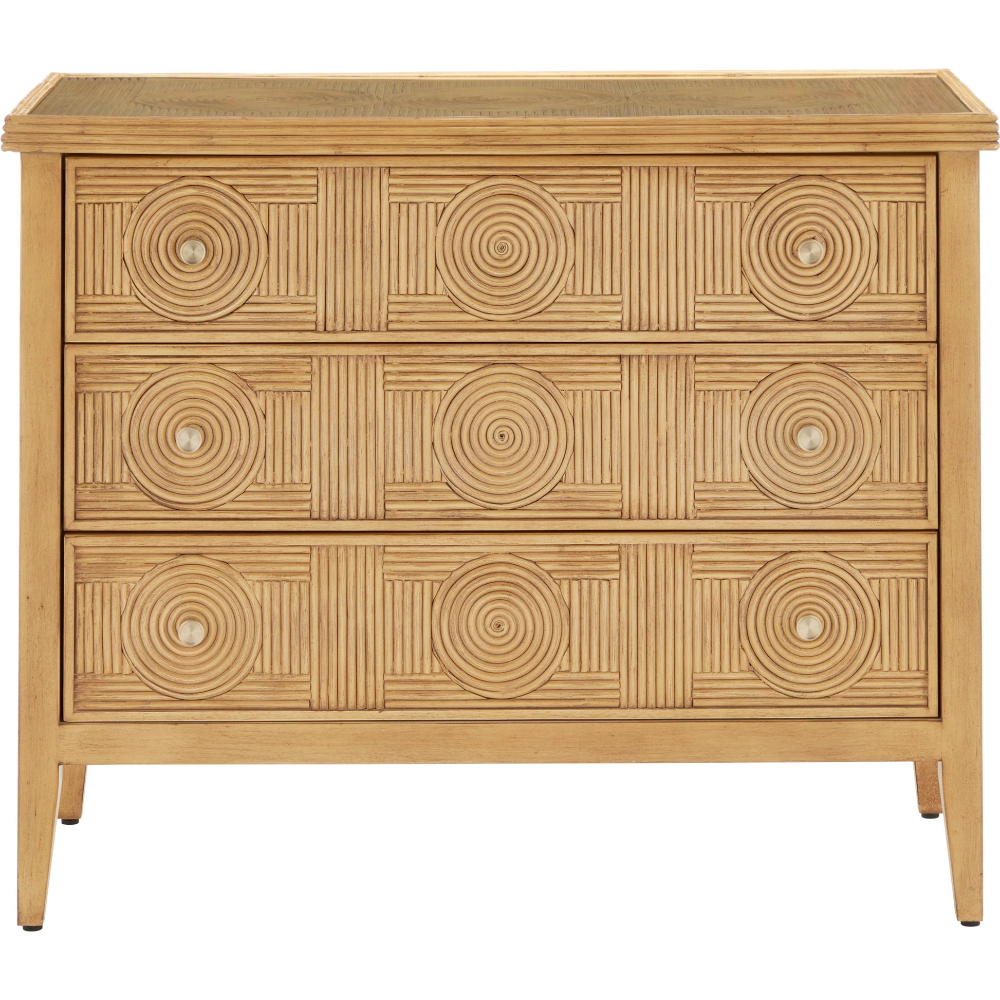 Santos 3-Drawer Chest by Currey and Company. Made from rattan, mahogany, glass, brass in a modern style.