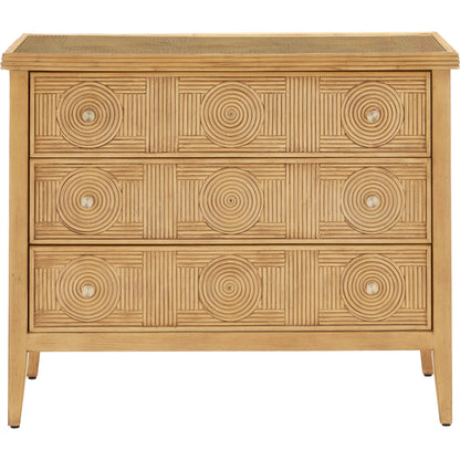 Santos 3-Drawer Chest by Currey and Company. Made from rattan, mahogany, glass, brass in a modern style.