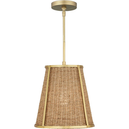 Deauville Pendant by Currey and Company in natural, polished brass. Made from seagrass, metal in a cottage & farmhouse style.
