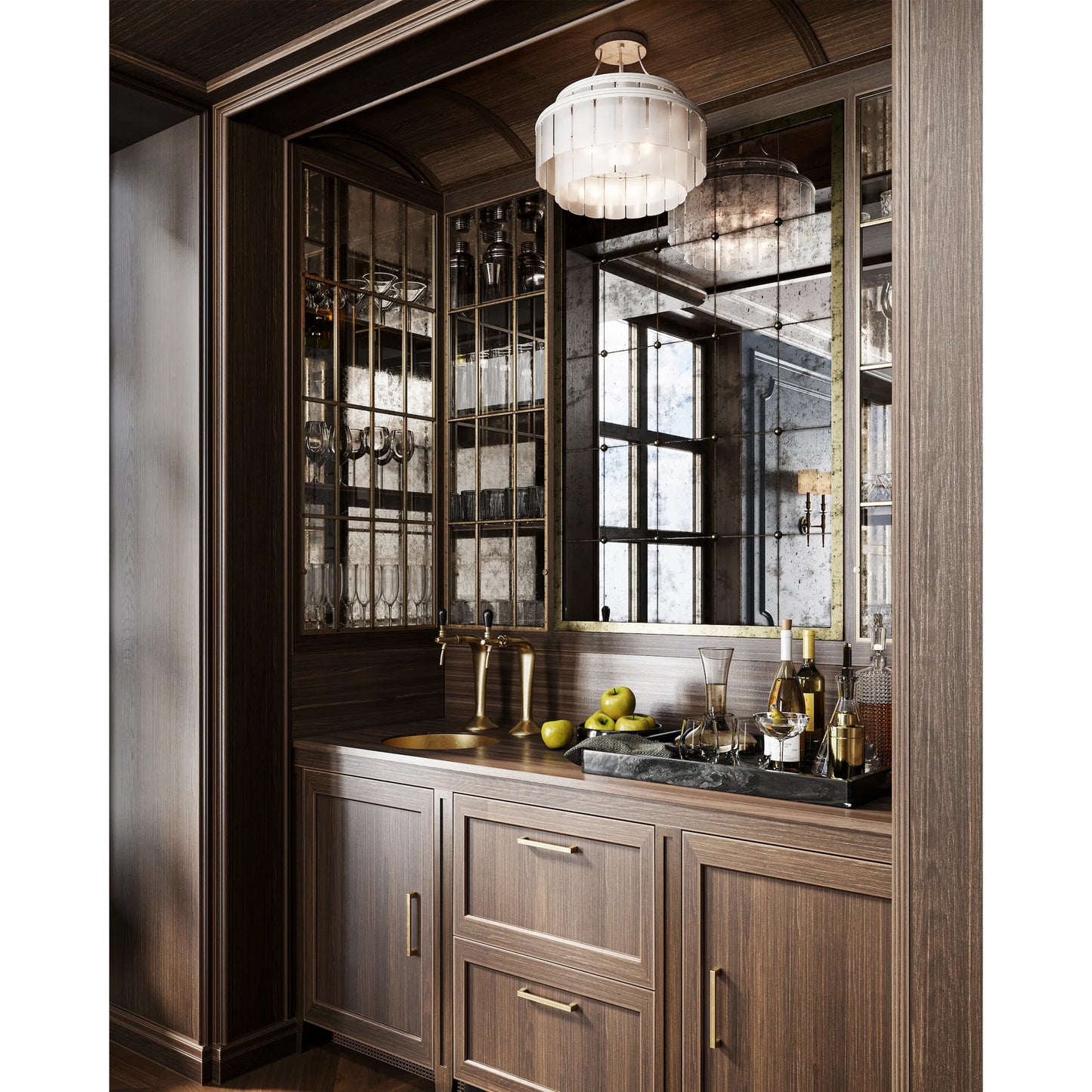 021 S-224023 | Lifestyle | Vintner Blanc Semi-Flush Mount by Currey and Company in contemporary silver leaf, opaque white. Made from wrought iron, recycled bottle glass in a traditional style.