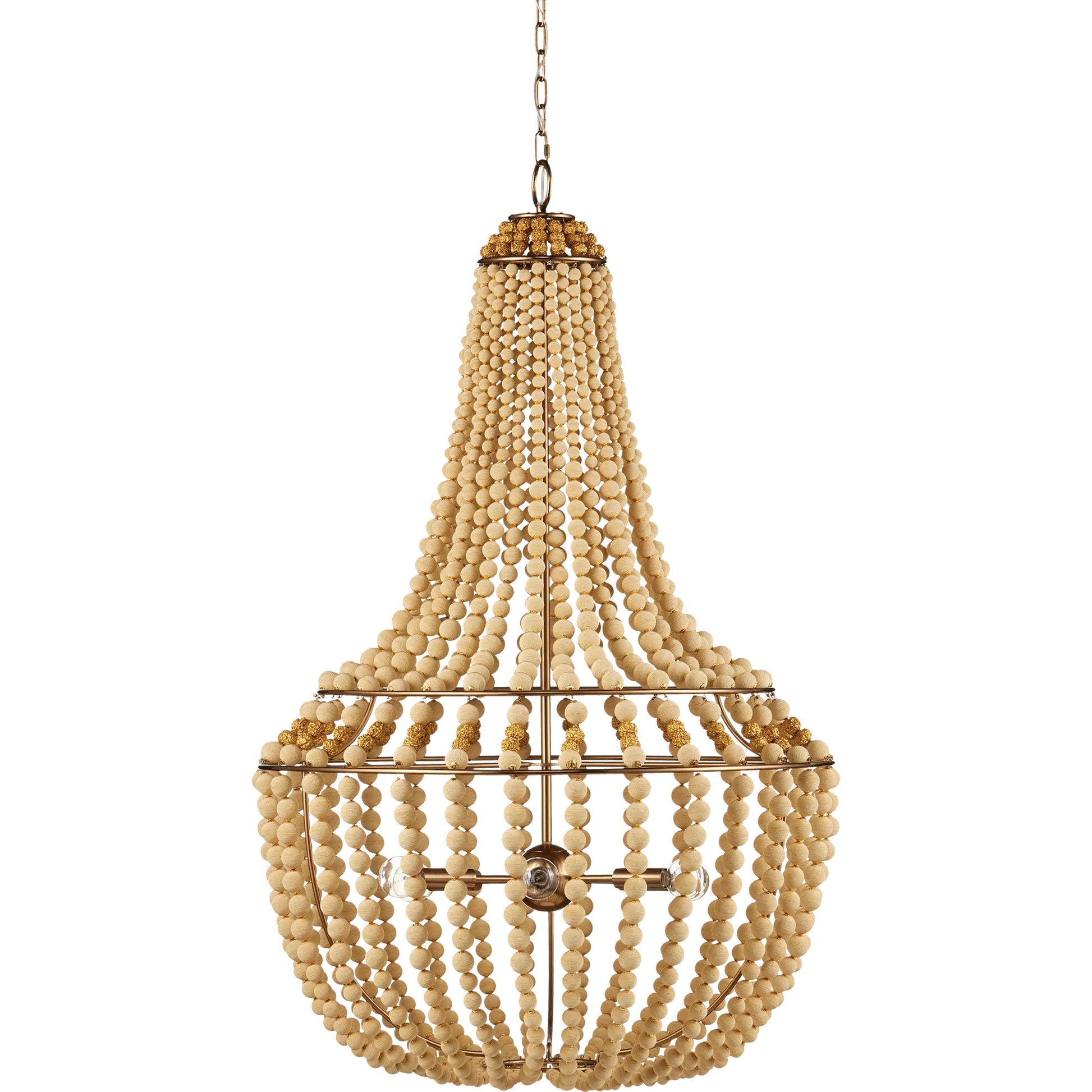Penelope Chandelier by Currey and Company in beige, antique brass. Made from iron, fabric, brass in a coastal style.