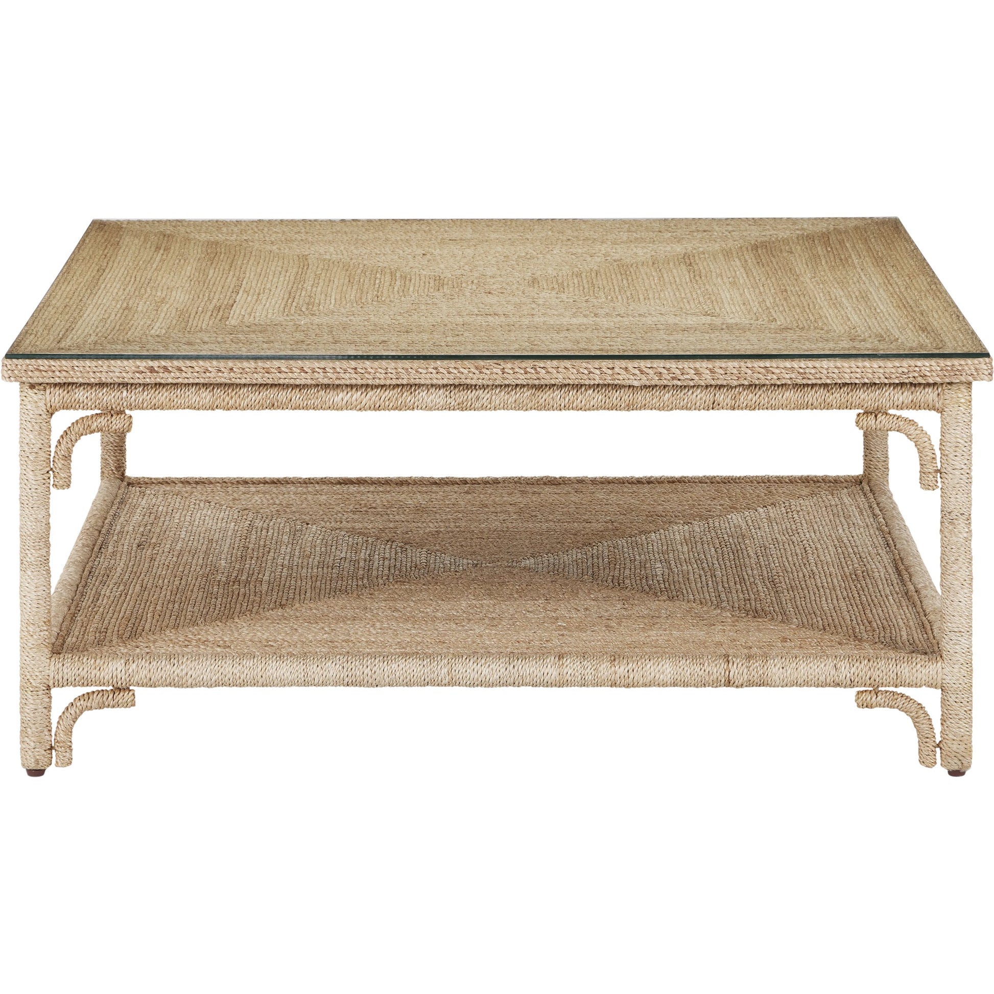 Olisa Cocktail Table by Currey and Company in natural, clear. Made from abaca rope, wrought iron, glass in a modern style.