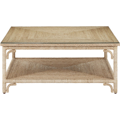 Olisa Cocktail Table by Currey and Company in natural, clear. Made from abaca rope, wrought iron, glass in a modern style.