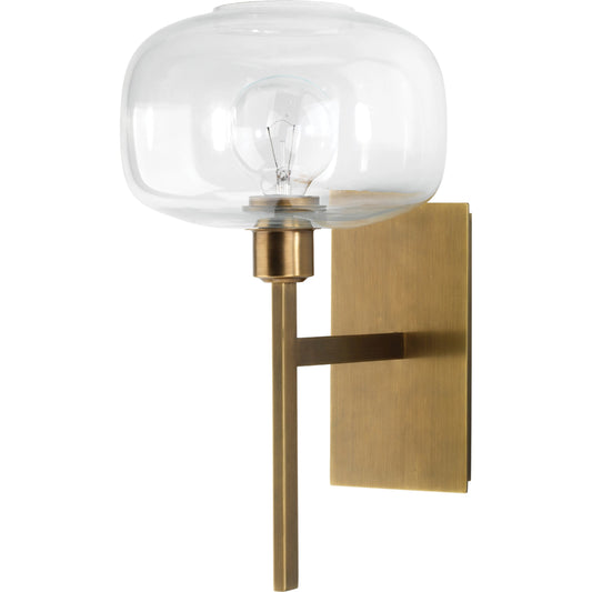 Scando Mod Sconce by Jamie Young in antique brass clear glass. Made from steel, glass in a transitional style.