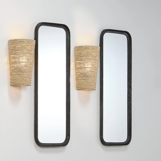Seawall Beaded Cone Sconce by Jamie Young. Made from iron, mango wood in a coastal style.