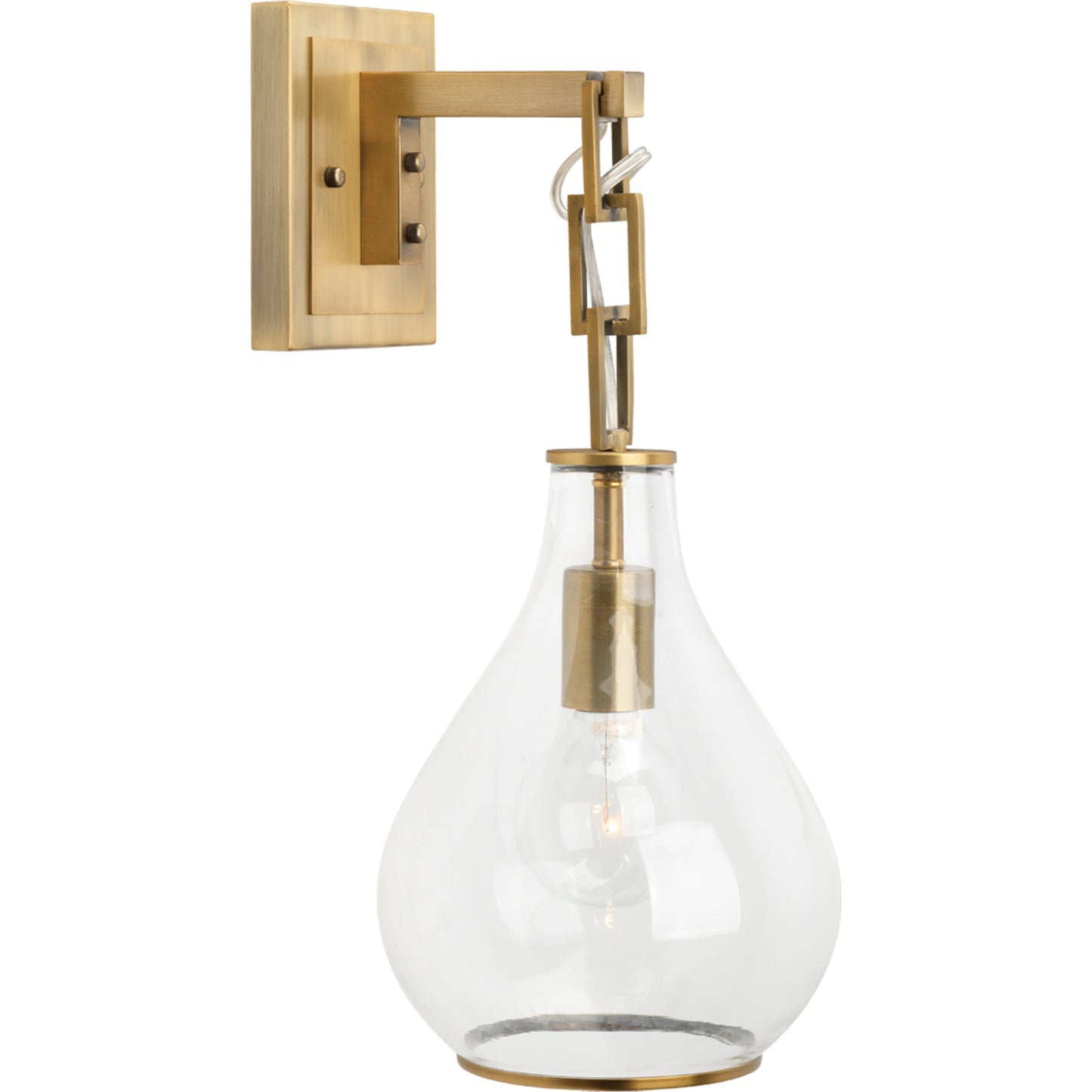001 SR-708100 | Primary Silo | Tear Drop Hanging Wall Sconce by Jamie Young in clear glass, antique brass. Made from iron, glass in a transitional style.