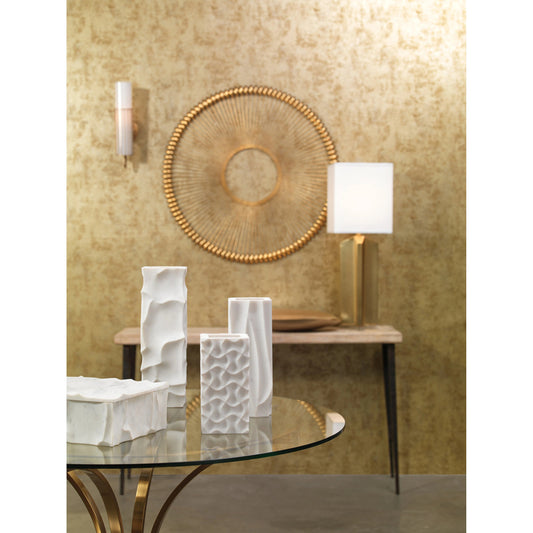 Torino Wall Sconce by Jamie Young in antique brass, opaque white milk glass. Made from steel, glass in a modern style.