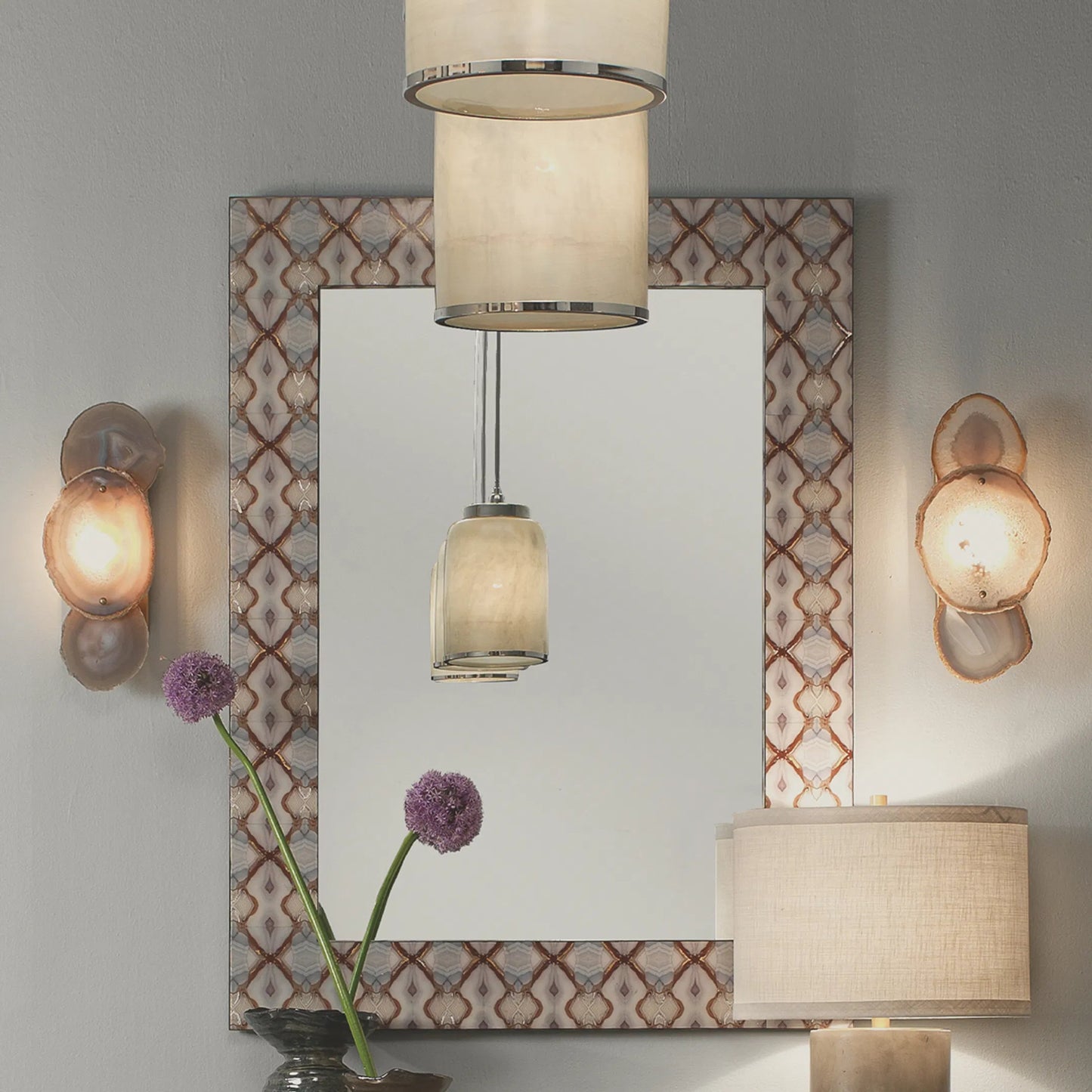 017 SR-708109 | Lifestyle | Trinity Wall Sconce by Jamie Young in pale lavender agate, antique brass. Made from agate, steel in a eclectic & global style.