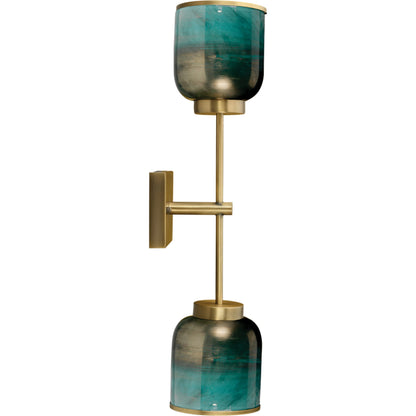 Vapor Sconce by Jamie Young in antique brass, aqua metallic glass. Made from iron, glass in a eclectic & global style.