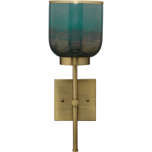 Vapor Sconce by Jamie Young in antique brass, aqua metallic glass. Made from iron, glass in a eclectic & global style.