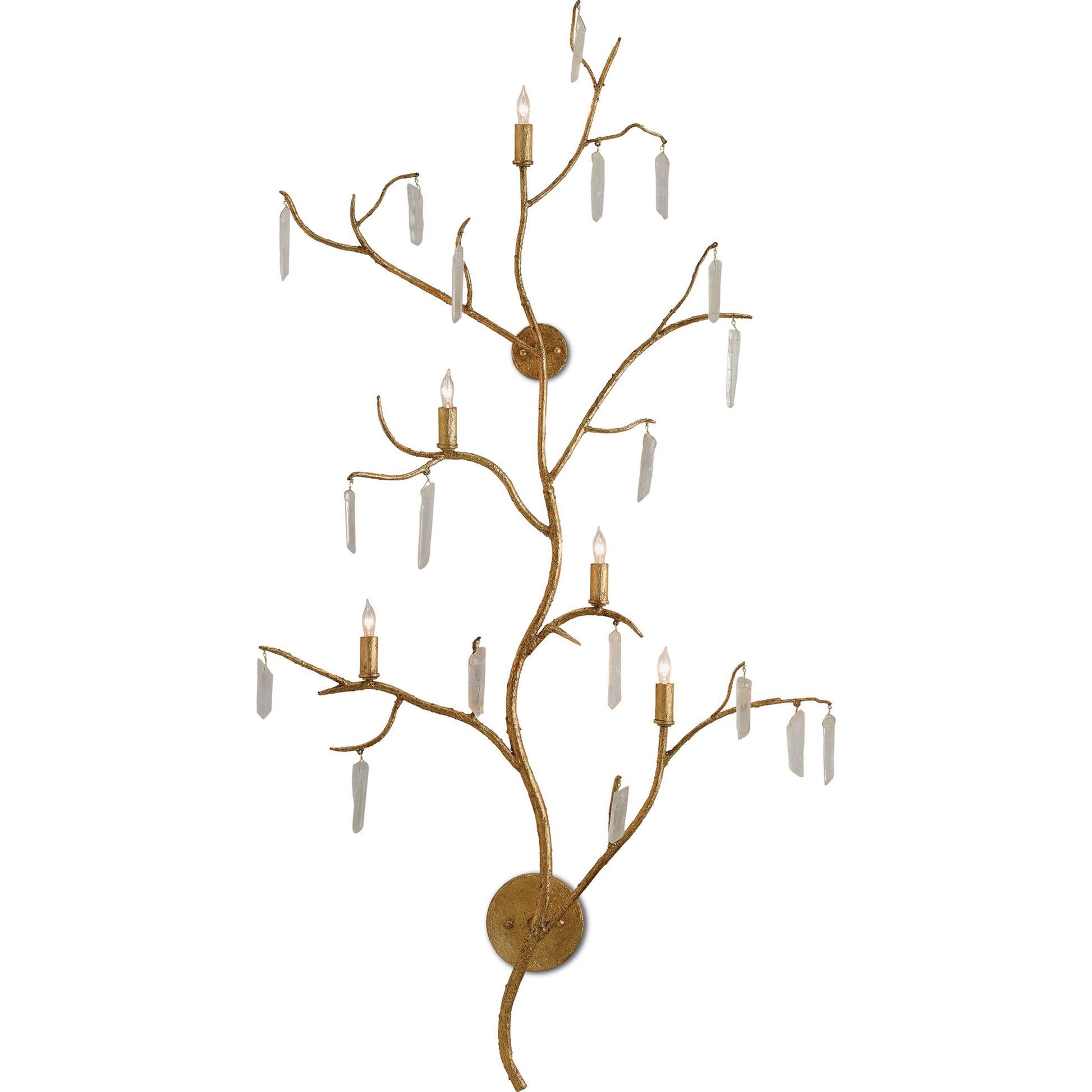 Forest Light Wall Sconce by Currey and Company in washed lucerne gold, natural. Made from wrought iron, crystal stone in a traditional style.