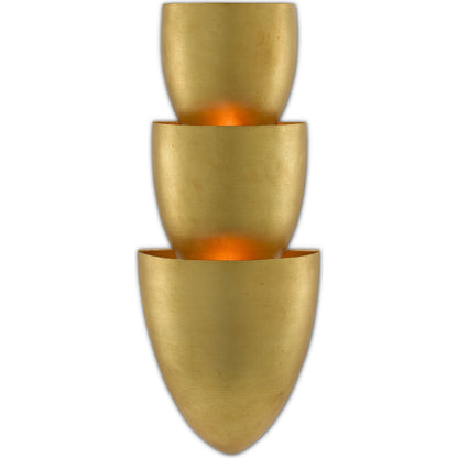 Canaletto Wall Sconce by Currey and Company in contemporary gold leaf, painted gold. Made from wrought iron in a transitional style.