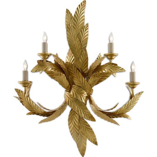 Apollo Wall Sconce by Currey and Company in contemporary gold leaf. Made from wrought iron in a modern style.