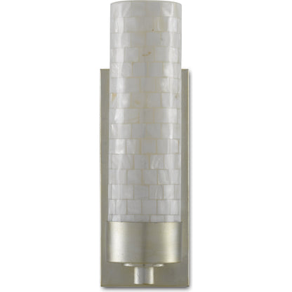 Abadan Wall Sconce by Currey and Company in pearl, silver leaf. Made from mother of pearl, glass, metal in a coastal style.