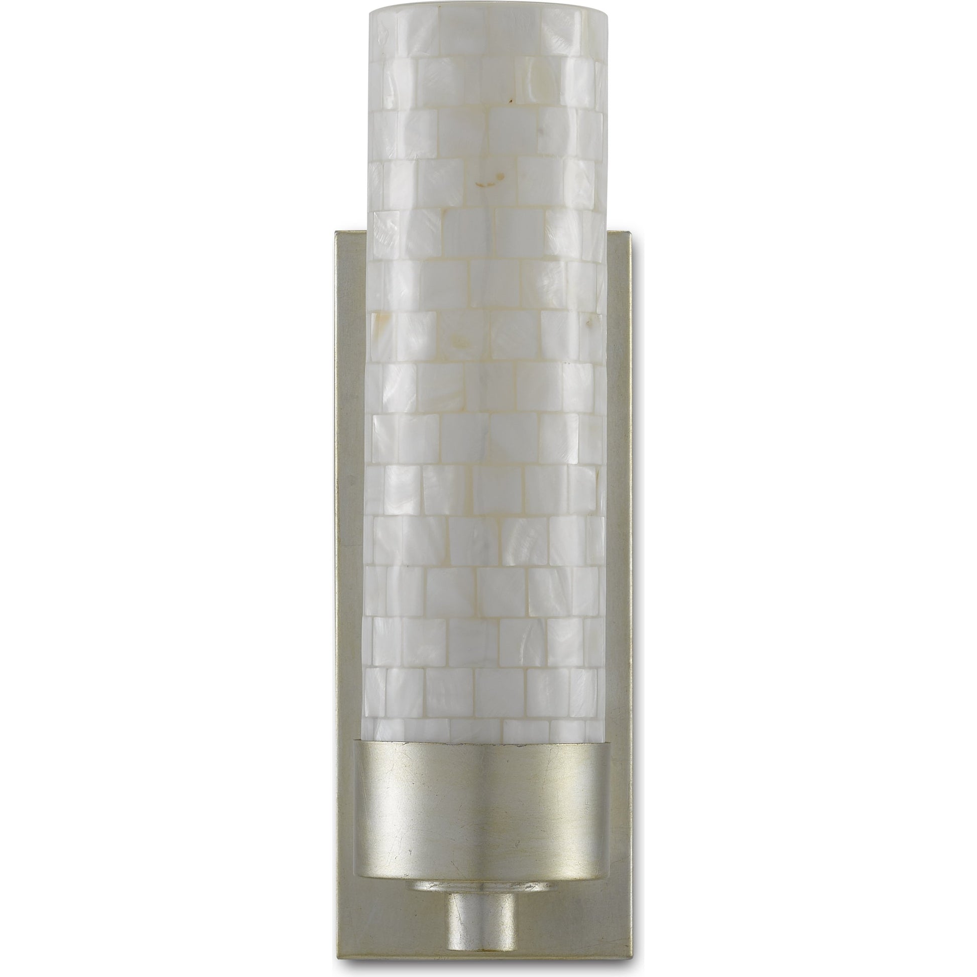 Abadan Wall Sconce by Currey and Company in pearl, silver leaf. Made from mother of pearl, glass, metal in a coastal style.