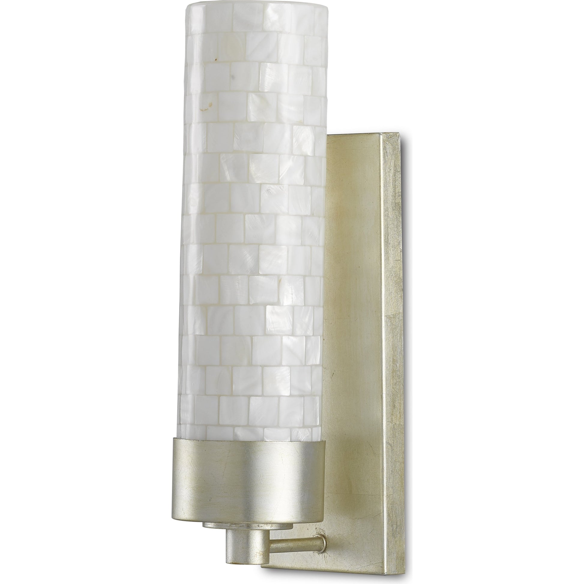 Abadan Wall Sconce by Currey and Company in pearl, silver leaf. Made from mother of pearl, glass, metal in a coastal style.