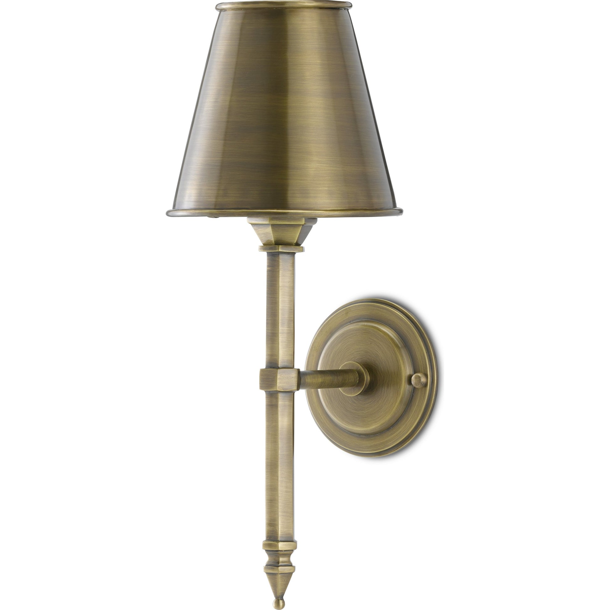 Wollaton Wall Sconce by Currey and Company in light moroccan antique brass. Made from brass in a traditional style.
