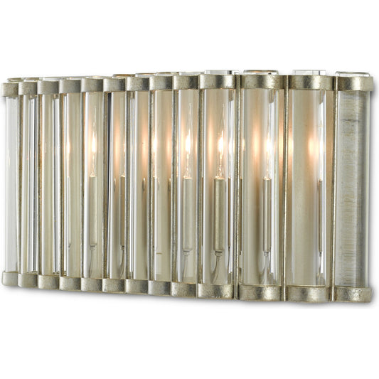 Warwick Wall Sconce by Currey and Company in contemporary silver leaf, clear. Made from wrought iron, optic crystal in a modern style.