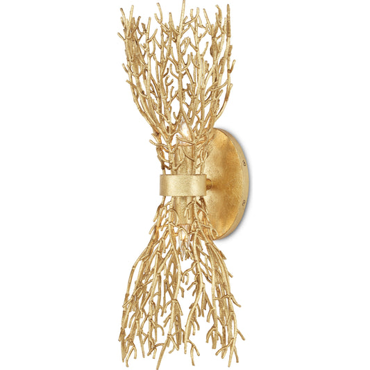 Sea Fan Wall Sconce by Currey and Company in gold gilt. Made from wrought iron in a transitional style.