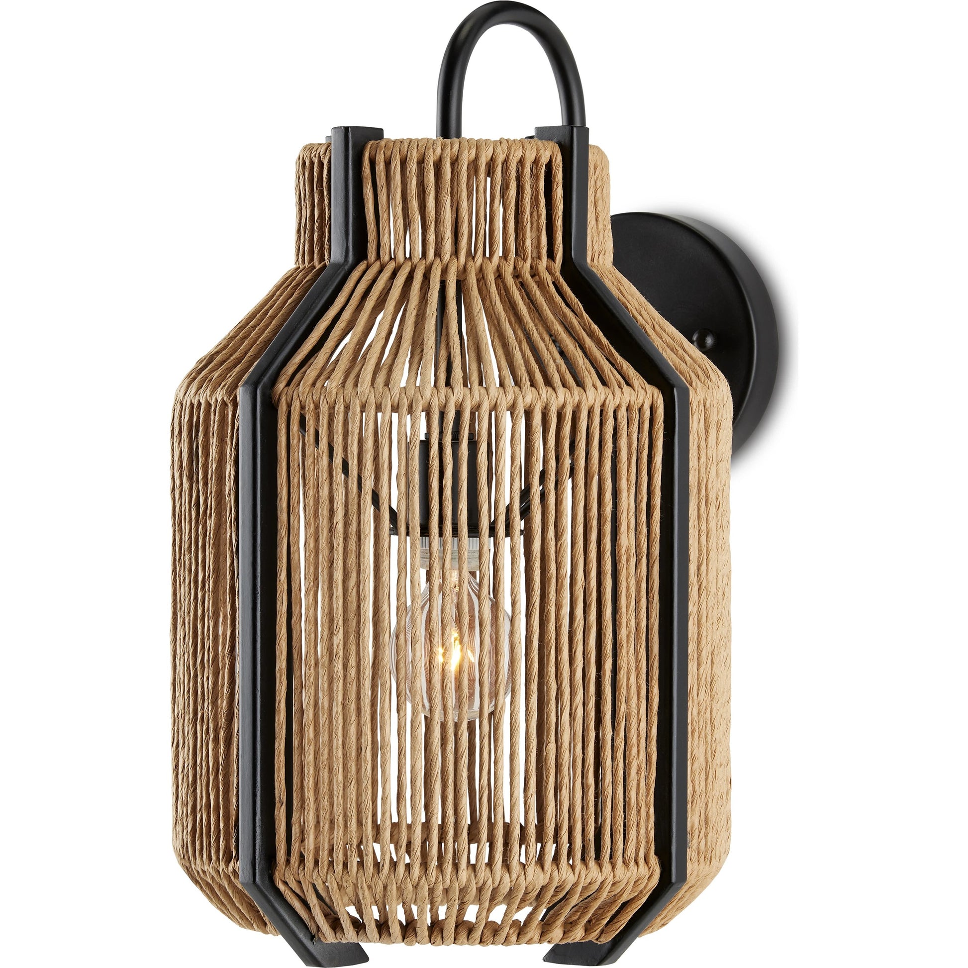 Mali Wall Sconce by Currey and Company in natural, satin black. Made from kraft paper twine, wrought iron in a coastal style.