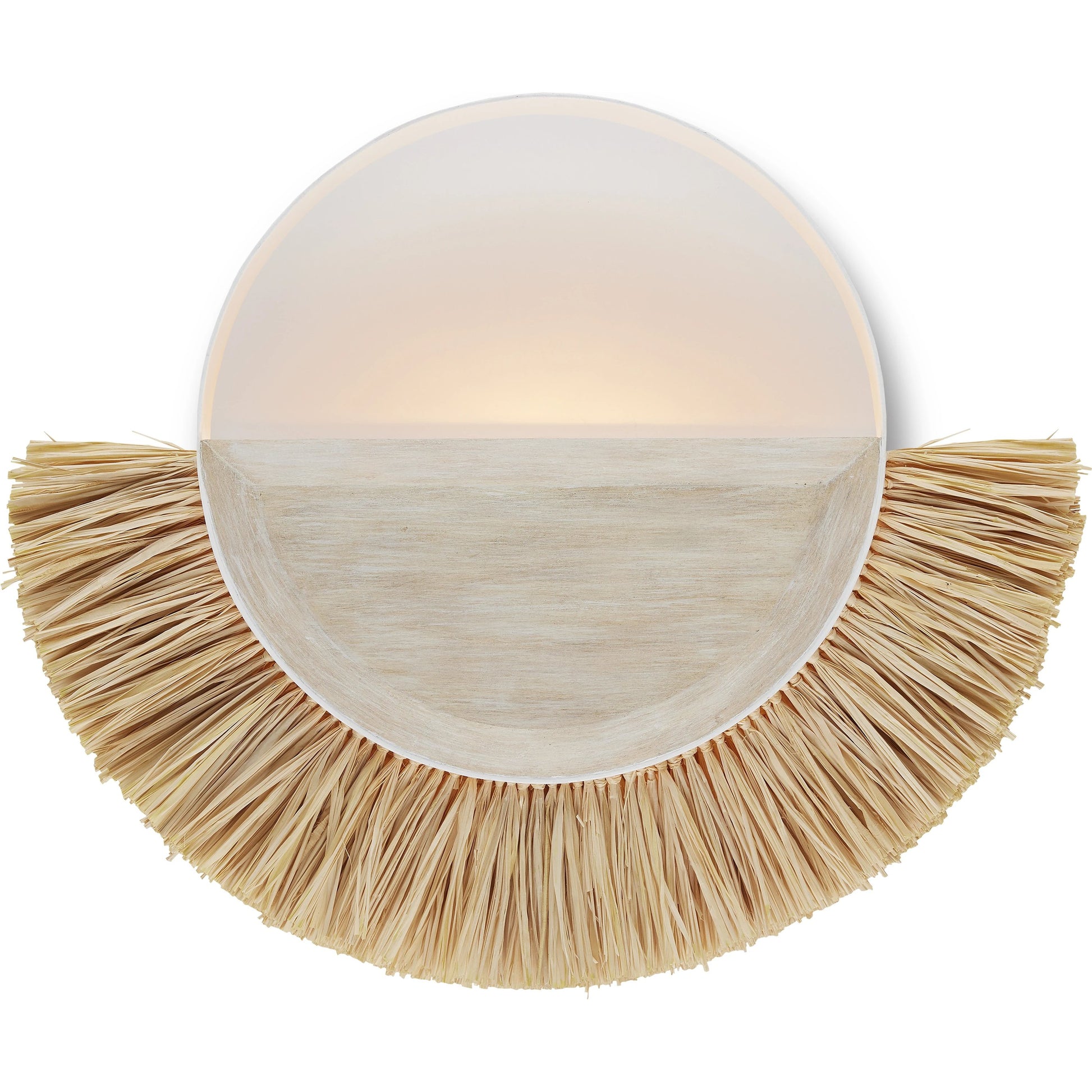 Seychelles Wall Sconce by Currey and Company in sugar white, sandstone, natural. Made from wrought iron, wood, raffia in a coastal style.