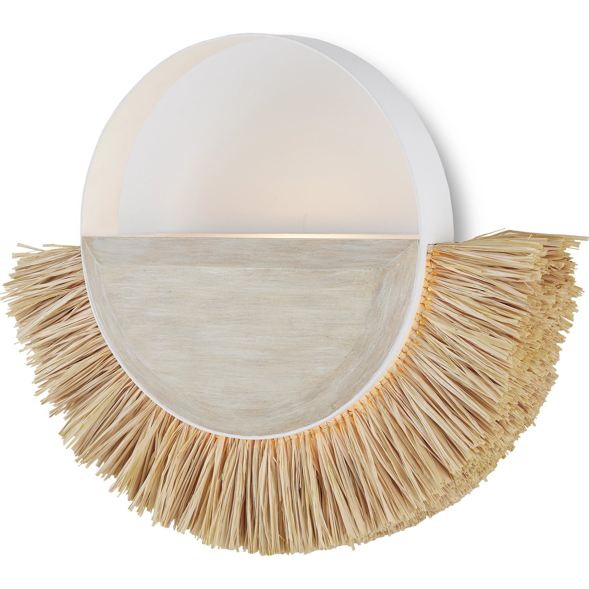 Seychelles Wall Sconce by Currey and Company in sugar white, sandstone, natural. Made from wrought iron, wood, raffia in a coastal style.