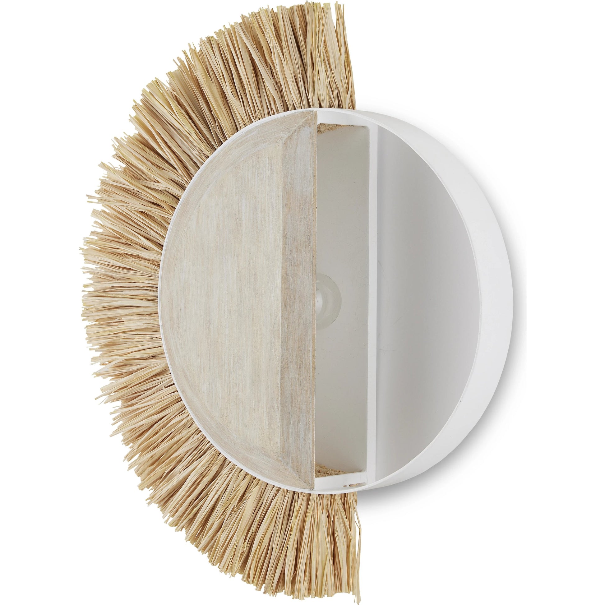 Seychelles Wall Sconce by Currey and Company in sugar white, sandstone, natural. Made from wrought iron, wood, raffia in a coastal style.