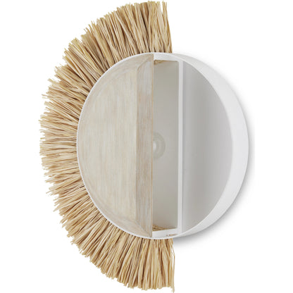 Seychelles Wall Sconce by Currey and Company in sugar white, sandstone, natural. Made from wrought iron, wood, raffia in a coastal style.
