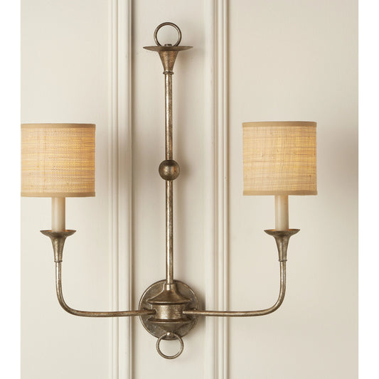 Nottaway Double Wall Sconce by Currey and Company. Made from wrought iron in a traditional style.