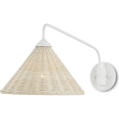Basket Swing-Arm Wall Sconce by Currey and Company in gesso white, bleached white. Made from wrought iron, arurog in a cottage & farmhouse style.