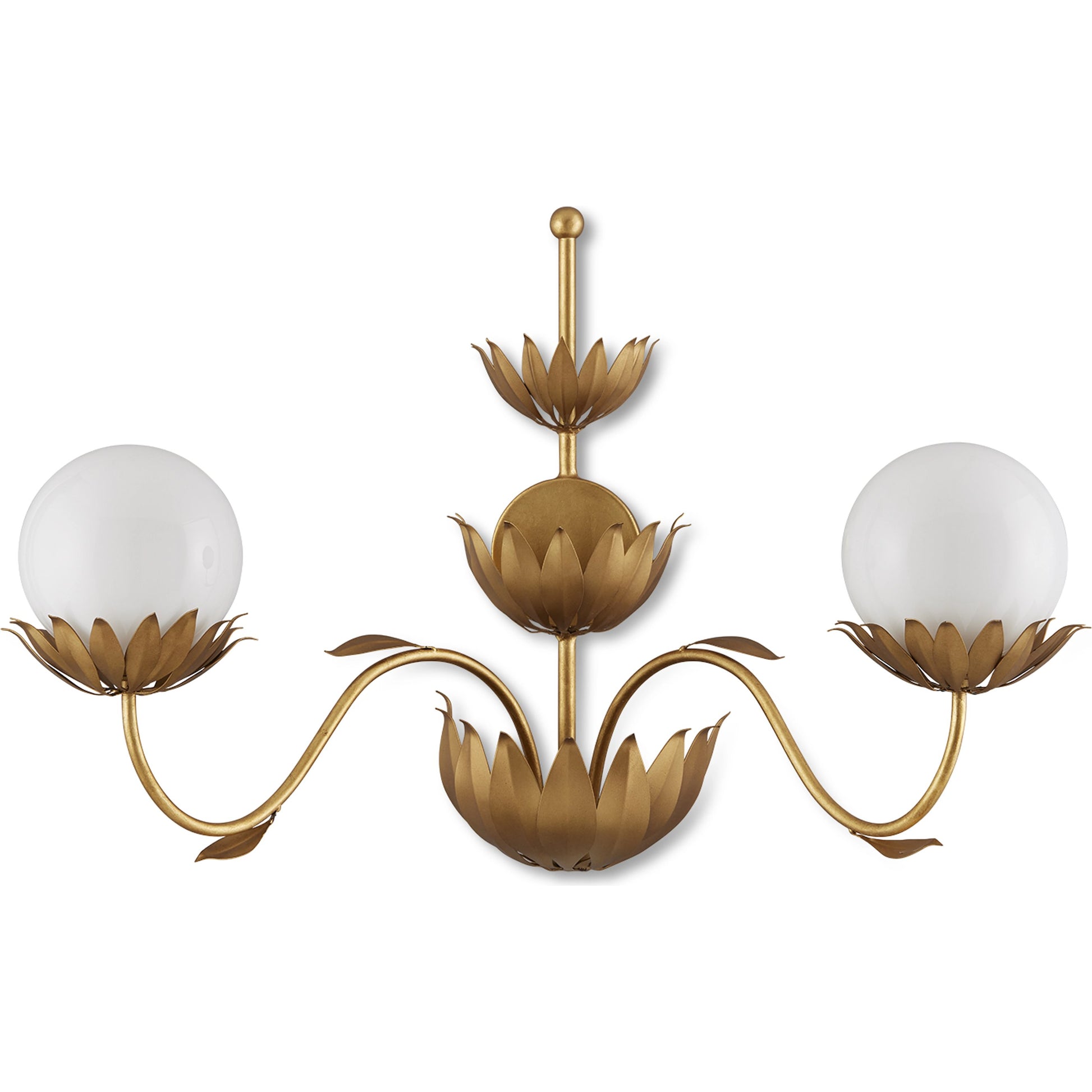 Mirasole Wall Sconce by Currey and Company in contemporary gold leaf, white. Made from wrought iron, glass in a traditional style.