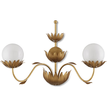 Mirasole Wall Sconce by Currey and Company in contemporary gold leaf, white. Made from wrought iron, glass in a traditional style.