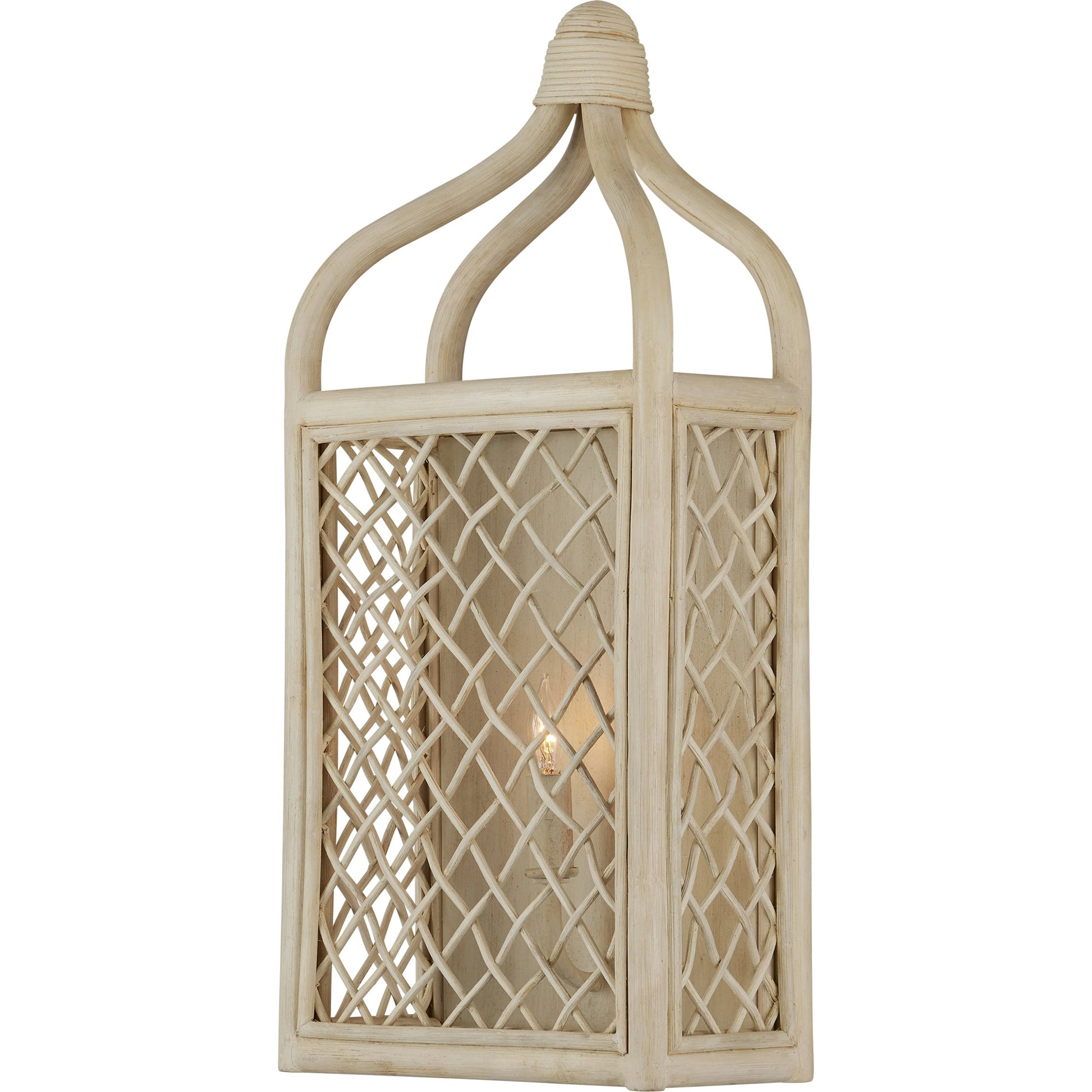 Wanstead Ivory Wall Sconce by Currey and Company in bleached natural, antique pearl. Made from rattan, wrought iron in a cottage & farmhouse style.